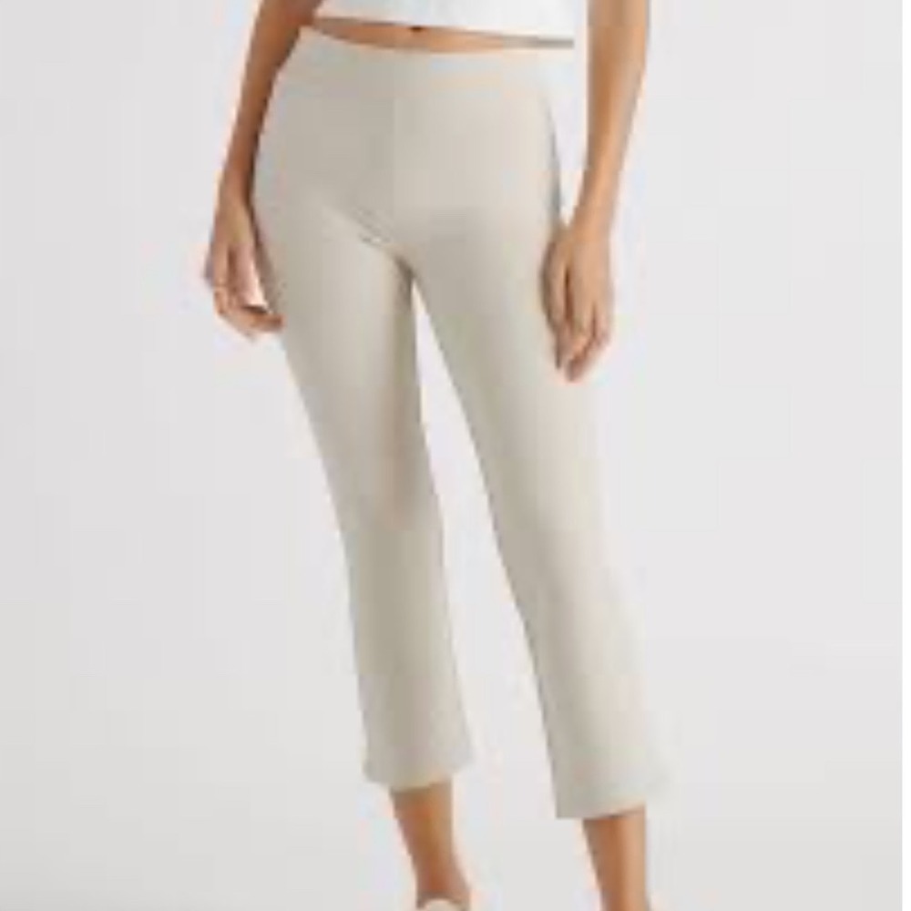 Quince Ultra-Stretch Ponte Crop Bootcut Pants Beige Tan Size M High Rise Slit